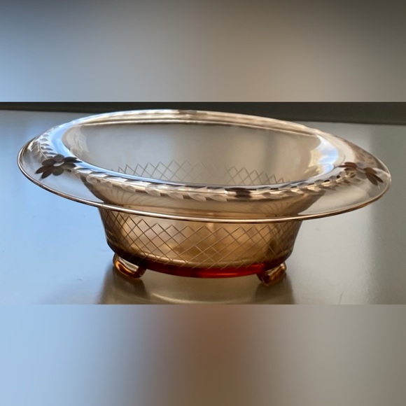 Large Vintage Floral Amber Depression Glass Console Bowl - Picture 11 of 12